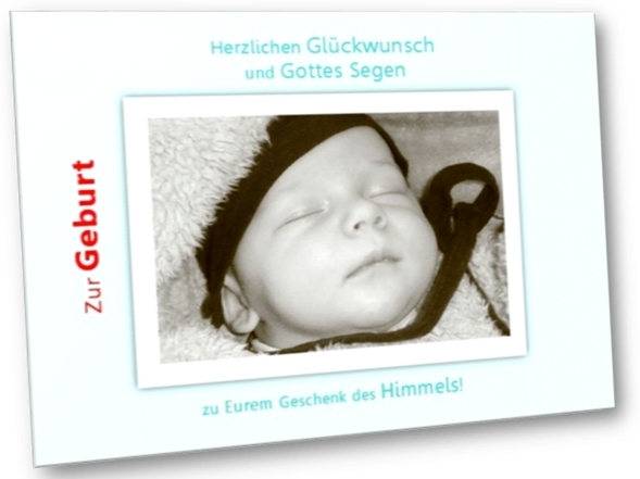 Zartes Baby mit Mützchen auf christlicher Geburtskarte, Vorderseite