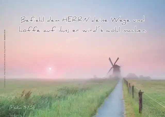 Windmühle im goldenen Morgenlicht mit Psalm 37,5 – hoffnungsvoll, ruhig und kraftvoll.