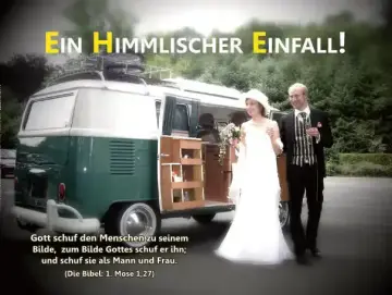 Christliches Poster A4 - Brautpaar vor Bus Oldtimer