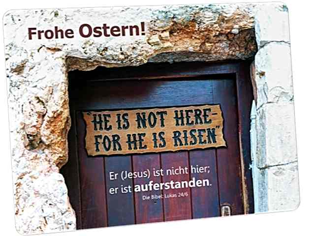 Osterkarte: Tafel an der Tür zum Gartengrab