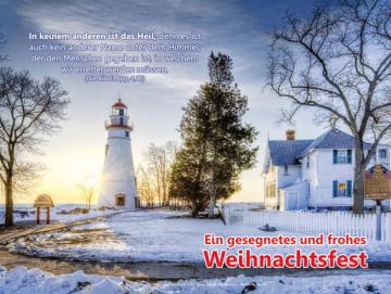 Poster Weihnachten A3: Leuchtturm neben alter Villa