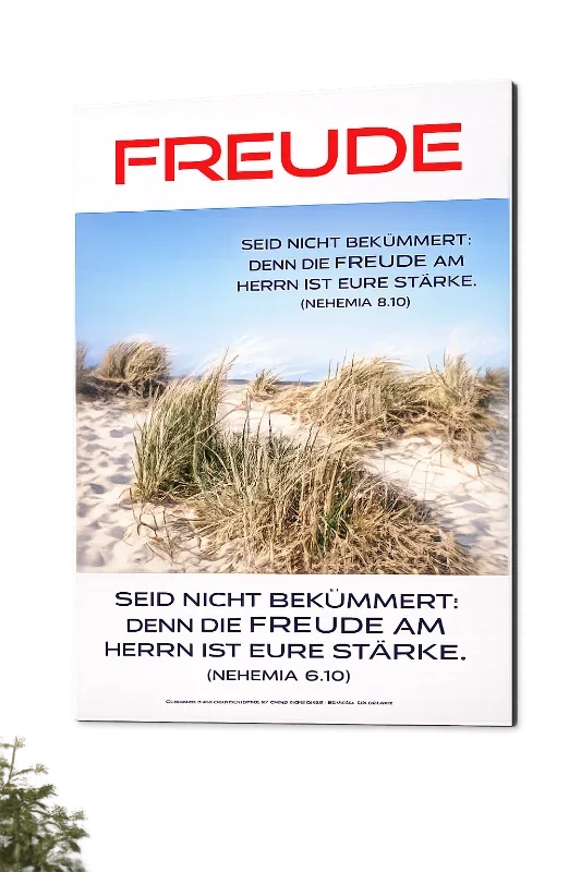Christliches DIN-A2-Poster „Freude“ mit Dünenlandschaft und Bibelvers aus Nehemia 8,10 als hochwertiges Produktfoto.