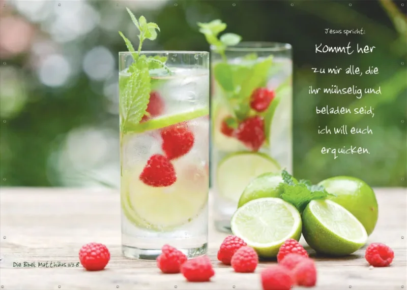 Christliches XXL Poster DIN A1 mit bunter Limonadengläser-Illustration und Bibelvers Matthäus 11,28