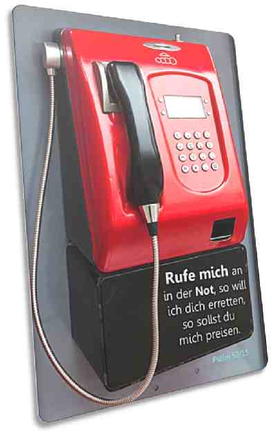 Karte: Roter Münzfernsprecher - Psalm 50,15 - Postkarte mit Bibelvers