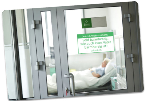 Christliche Postkarte: Blick in Krankenzimmer