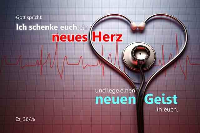 Christliches Poster A2 mit Stethoskop in Herzform und EKG-Linie, kombiniert mit dem Bibelvers Hesekiel 36,26 „Ich schenke euch ein neues Herz“
