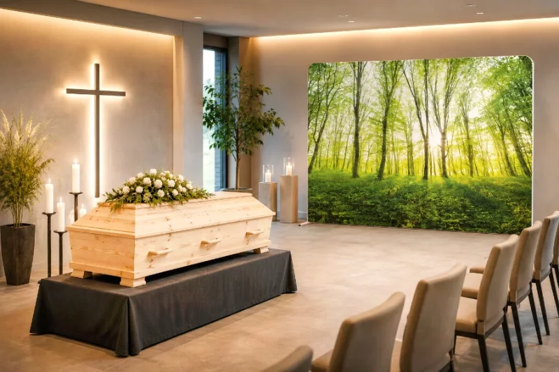 Würdevolle Aufbahrung in einer Trauerhalle mit einer Zipper-Wall als lichtes Waldmotiv im Hintergrund, einem hellen Holzsarg und stimmungsvoller Kerzenbeleuchtung
