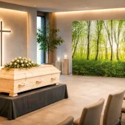 Würdevolle Aufbahrung in einer Trauerhalle mit einer Zipper-Wall als lichtes Waldmotiv im Hintergrund, einem hellen Holzsarg und stimmungsvoller Kerzenbeleuchtung