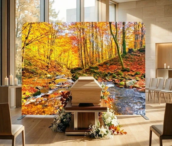 Zipper-Wall mit Motiv eines ruhigen Bachs im herbstlichen Wald mit warmen Farben als würdige und tröstliche Hintergrundgestaltung für Trauerfeiern