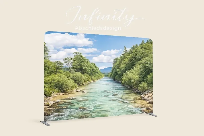 Eine freigestellte Zipper-Wall mit einem Bild des Flusses Isar- Dekoration Trauerhalle - Infinity Abschiedsdesign
