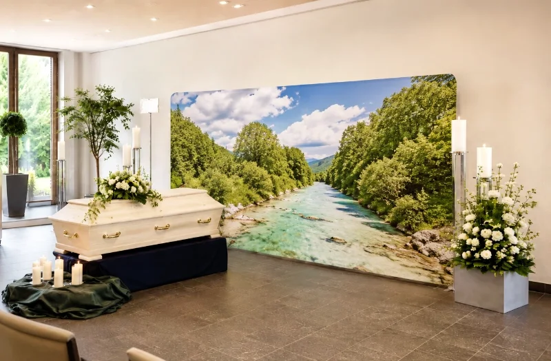 Große Zipper-Wall mit Fluss-Isar-Motiv in einer modernen Trauerhalle. Die 400 × 230 cm breite Premium-Rückwand bildet einen stilvollen Hintergrund für eine würdevolle Trauerfeier.
