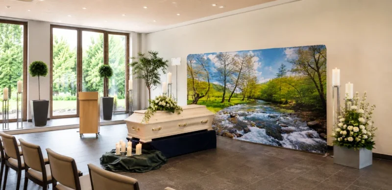 Eine tröstliche dekorierte Trauerhalle mit Sarg vor einem Zpper-Display und Blumenschmuck