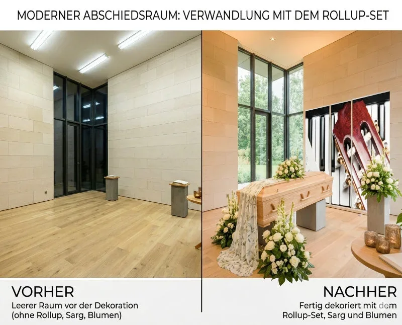 Trauerhalle, stilvoll und modern dekoriert mit RollUp-Set der Edition Katzenstein - Infinity