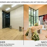 Trauerhalle, stilvoll und modern dekoriert mit RollUp-Set der Edition Katzenstein - Infinity