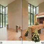 Bestatterbedarf - Bild einer modernen Trauerhalle, vorher und nacher mit Dekoration der Infinity-Serie