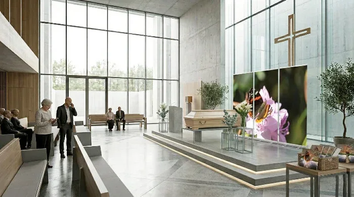 Moderne Trauerhalle mit Sarg, würdevoll dekoriiert mit Roll-Up-Displays