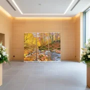 Trauerhalle modern mit Roll-Up-Set- Bach - dekoriert - Edition Katzenstein, Abschiedsdesign