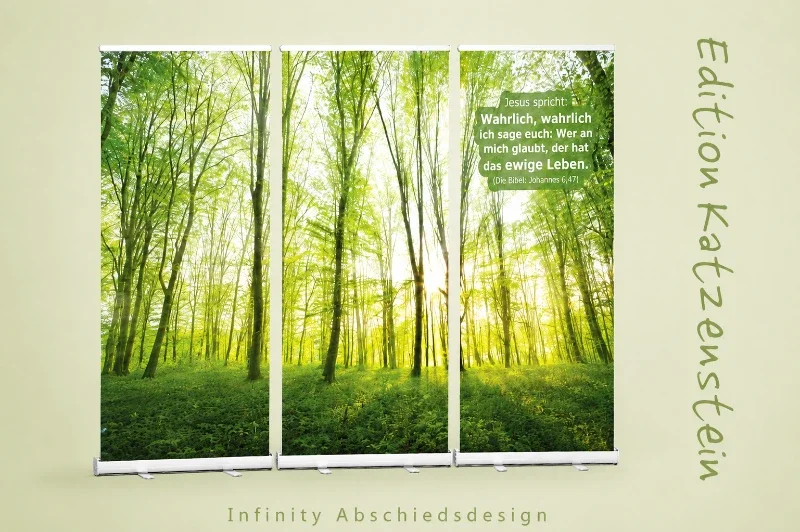 Bestatterbedarf Roll-Up Display 3er-Set mit sonnendurchflutetem Waldmotiv und Bibelvers Johannes 6,47 auf modernem Studiohintergrund - Infinity
