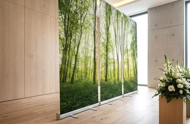 Seitenprofil des Roll-Up Sets „Frühlingswald“ mit naturinspiriertem Waldmotiv in einer modernen Trauerhalle für professionelle Abschiedsgestaltung. - Bestatterbedarf für Trauerhallen