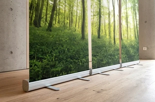 Bestatterbedarf - Nahaufnahme - Roll-Up Set „Frühlingswald“ mit detailliertem Waldmotiv und stabilem Roll-Up-System für die Dekoration von Trauerhallen.