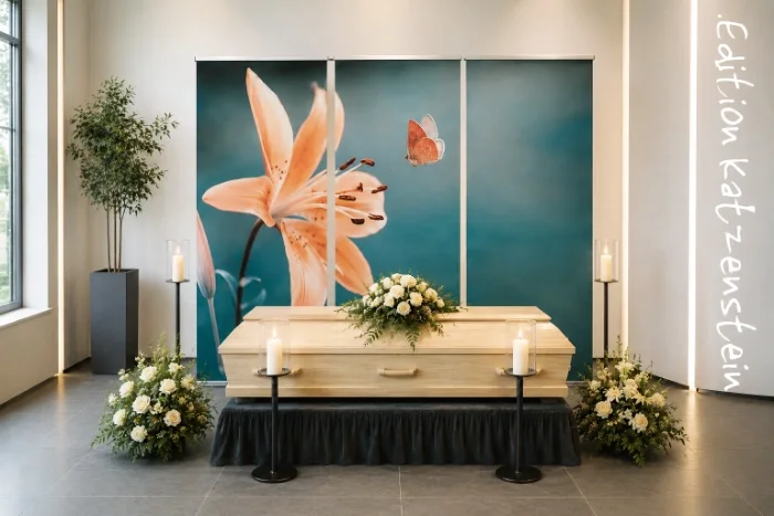 Roll-Up Display 3er-Set mit Lilienblüte und Schmetterling als harmonische Hintergrundgestaltung in einer modernen Trauerhalle.  Bildunterschrift: Das Roll-Up Display „Lilie & Schmetterling“ schaff - Infinity Abschiedsdesign