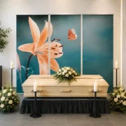 Roll-Up Display 3er-Set mit Lilienblüte und Schmetterling als harmonische Hintergrundgestaltung in einer modernen Trauerhalle.  Bildunterschrift: Das Roll-Up Display „Lilie & Schmetterling“ schaff - Infinity Abschiedsdesign