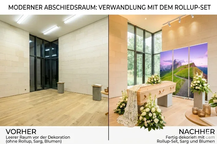 Roll-Ups in moderner Trauerhalle - vorher - nachher Bild