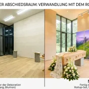 Roll-Ups in moderner Trauerhalle - vorher - nachher Bild
