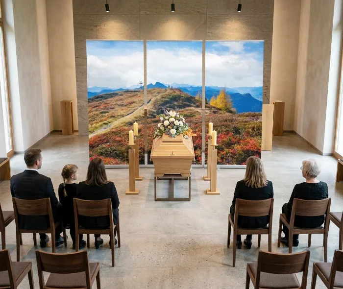 Stimmungsvolle Trauerfeier mit 3-teiligem Roll-Up-Display-Set 'Herbstliches Gipfel-Glühen' in einer modernen Trauerhalle