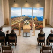 Stimmungsvolle Trauerfeier mit 3-teiligem Roll-Up-Display-Set 'Herbstliches Gipfel-Glühen' in einer modernen Trauerhalle