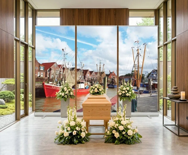Modern mit Roll-Ups dekorierte Trauerhalle mit Kutter-Motiv