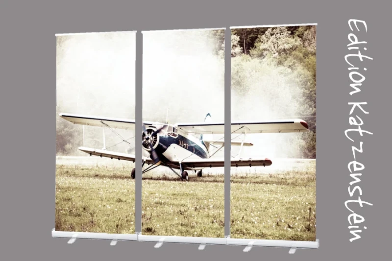 Bestatterbedarf: Roll-Up Display Set "Startendes Propellerflugzeug“
