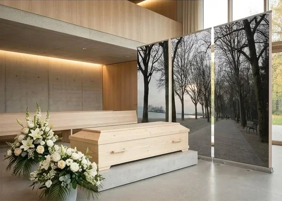 Modern dekorierte Trauerhalle mit Sarg und Roll-Up-Set Bestatterbedarf