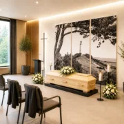 Seitliche Ansicht einer modernen deutschen Trauerhalle mit dreiteiligem Roll-Up Display „Leuchtturm“, hellem Holzsarg, dezentem Blumenschmuck und vorbereiteten Sitzreihen.
