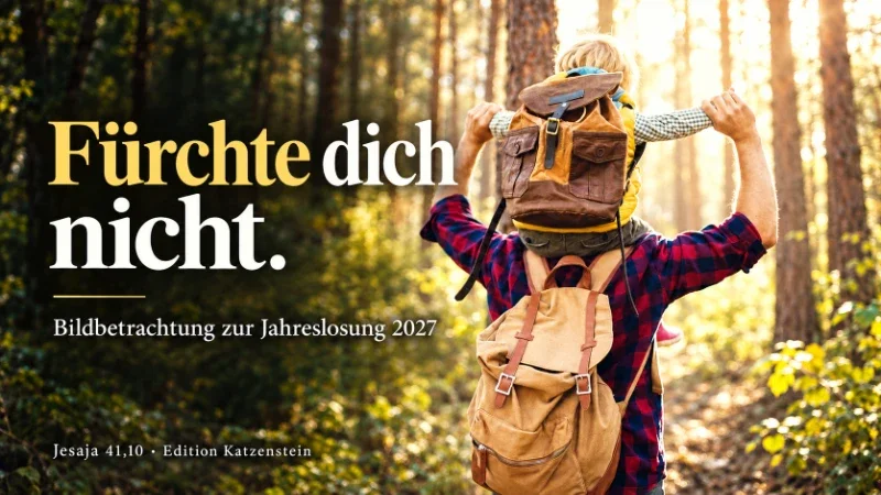 Fürchte dich nicht – Bildbetrachtung zur Jahreslosung 2027 Ein Vater trägt seinen Sohn auf den Schultern durch einen sonnenbeschienenen Wald. Titelbild zur Jahreslosung 2027: „Fürchte dich nicht.“