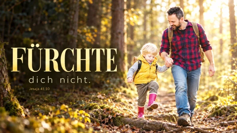 Jahreslosung 2027 -Bildbetrachtung - Fürchte dich nicht – gemeinsam den nächsten Schritt wagen Vater und Sohn gehen Hand in Hand über eine Wurzel im Wald; groß im Bild steht „Fürchte“.