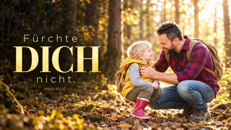 Bildbetrachtung Jahreslosung 2027 - Fürchte dich nicht – gemeinsam den nächsten Schritt wagen Sicherheit schenktEin Vater kniet vor seinem Sohn mit himbeerroten Gummistiefeln und sieht ihn ermutigend an; groß im Bild steht „Dich“.
