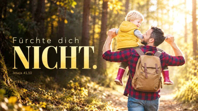 Fürchte dich Nicht – getragen auf dem Weg - Bildbetrachtung Ein Vater trägt seinen Sohn mit himbeerroten Gummistiefeln auf den Schultern durch den Wald; groß im Bild steht „Nicht“. - Jahreslosung 2027