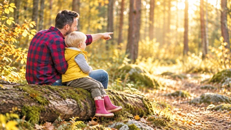 Bildbetrachtung - Vater trägt Sohn - Gemeinsam auf das Licht zu - Jahreslosung 2027 Vater und Sohn sitzen auf einem Baumstamm; der Vater zeigt auf einen hellen Weg durch den Wald.