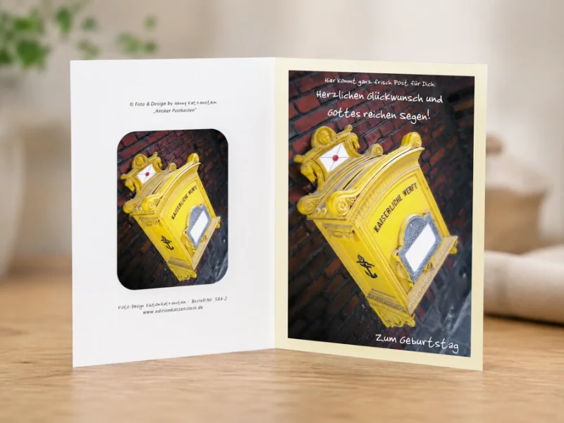 Hochwertiges Produktfoto der christlichen Klappkarte DIN A6 „Antiker Postkasten“ von Edition Katzenstein – aufgeklappte Geburtstagskarte mit Segenswünschen.