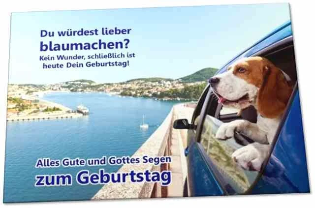 Pfiffige christliche Geburtstagskarte mit fröhlichem Beagle vor sommerlicher See-Landschaft, inklusive Bibelvers auf der Rückseite.