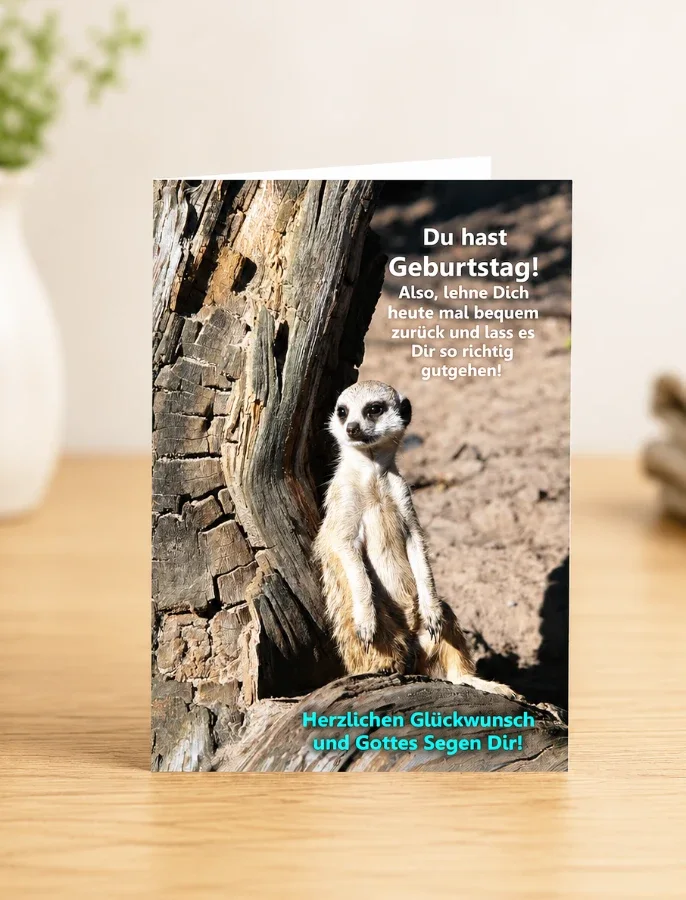 Hochwertiges Produktfoto der christlichen Klappkarte DIN A6 „Du hast Geburtstag!“ von Edition Katzenstein mit einem aufrecht stehenden Erdmännchen und herzlichem christlichen Geburtstagsgruß.