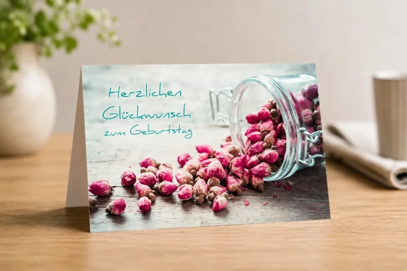 Hochwertiges Produktfoto der christlichen Klappkarte DIN A6 „Herzlichen Glückwunsch zum Geburtstag“ von Edition Katzenstein mit Rosenblüten in einem Glasgefäß.