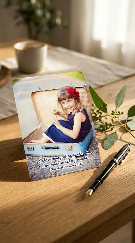 Christliche Postkarte auf Schreibtisch mit Motiv eines Mädchens, das in einem Reisekoffer sitzt