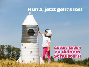 Christliche Karte zur Einschulung. Mädchen im Astronautenkostüm