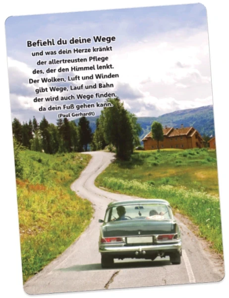 Christliche Postkarte: Oldtimer auf großer Reise