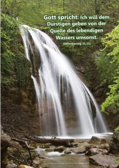 Christliche Postkarte mit Wasserfall im Wald und Bibelvers Offenbarung 21,11 – ein hoffnungsvoller christlicher Gruß von Edition Katzenstein