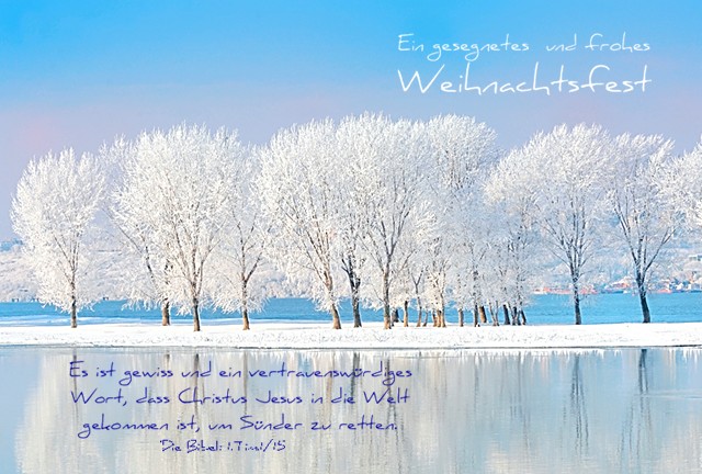 Weihnachtskarte: Verschneite Bäume am Fluß