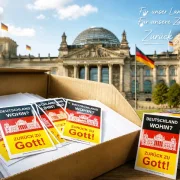 Ein Karton voll mit Aufkleber der Aktion von Edition Katzenstein, zurück zu Gott