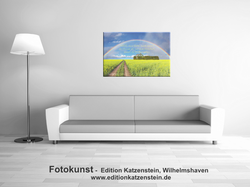 Christlicher Leinwanddruck: Regenbogen über Rapsfeld - Landschaftsmotiv